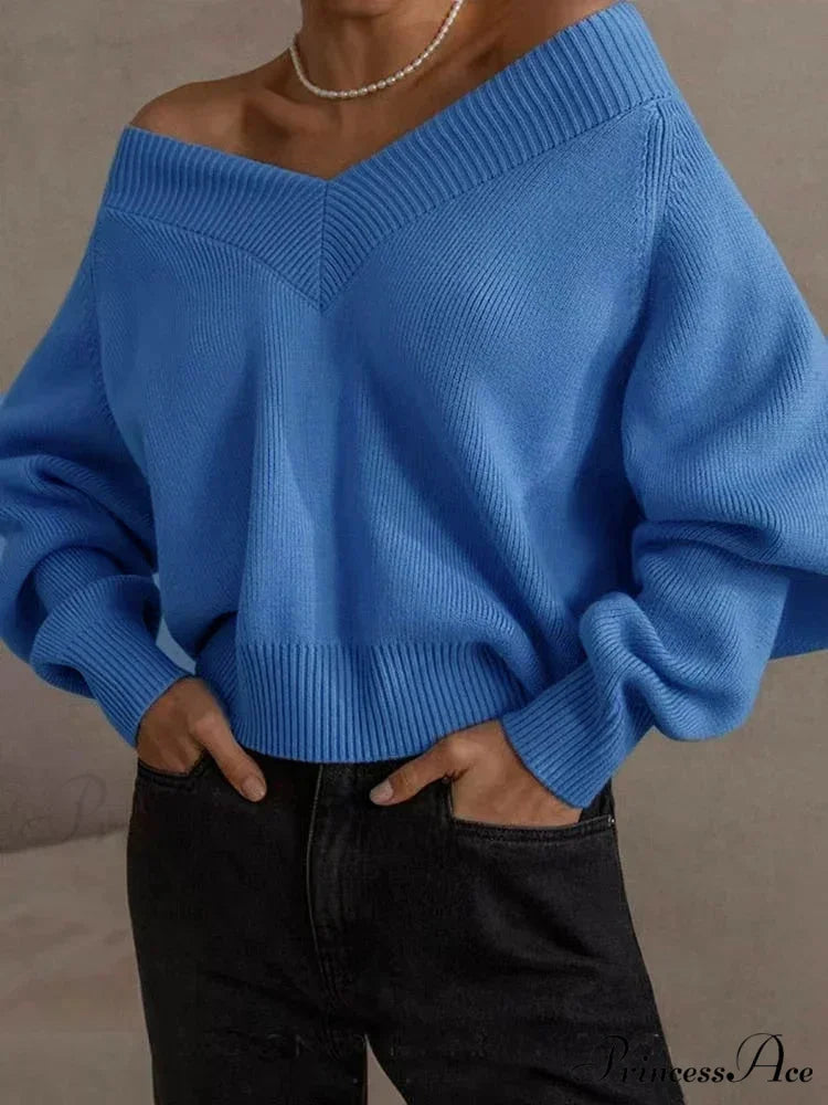 Oversized Loose Long Sleeve Solid Green Fashion Knitted Christmas Sweater Blue / S