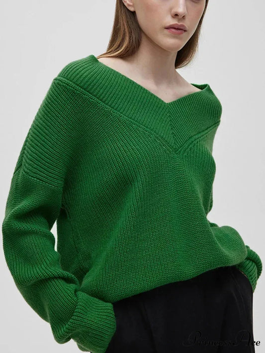 Oversized Loose Long Sleeve Solid Green Fashion Knitted Christmas Sweater Green / S