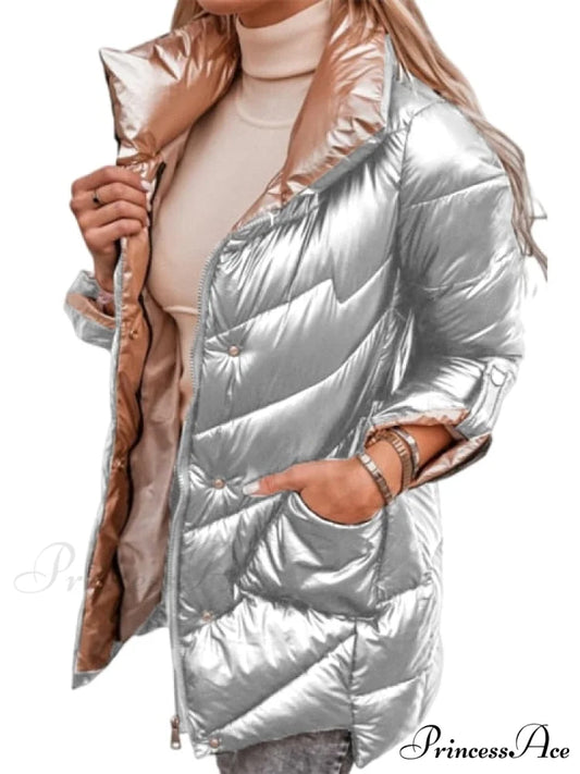 Oversized Outerwear Casual Cotton Padded Coat Silver / M