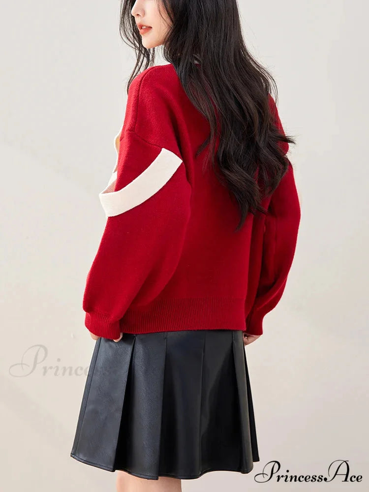 Oversized Red Bow Winter Patchwork Soft Long Sleeve Christmas Sweater Red / One Size
