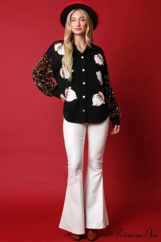 Oversized Sequin Santa Claus Knit Cardigan Black / S