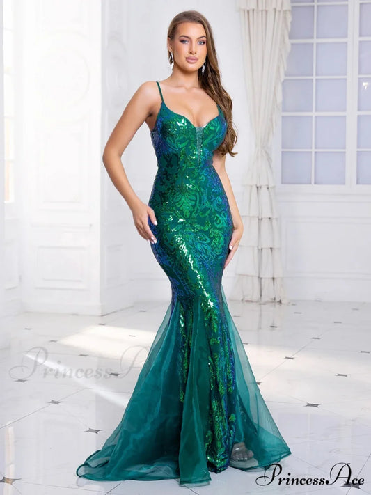 Padded V-Neck Sequin Party Dress Green / S