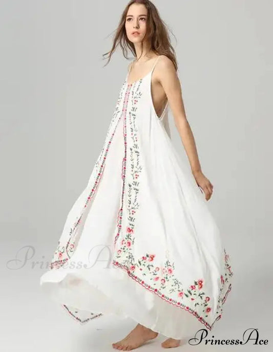 Pale Floral Stitched Full-Length Dress Beige / S bohodress-250126