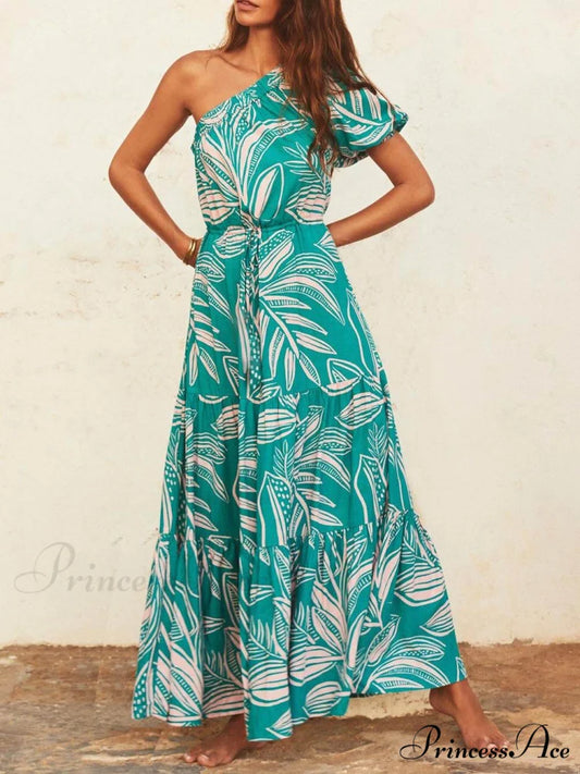 Palm Leaf Print Off-Shoulder Graceful Holiday Style Floral Dress Green / S