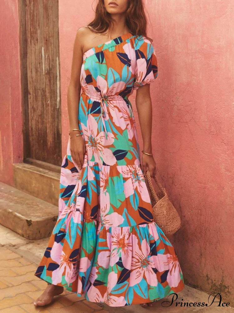 Palm Leaf Print Off-Shoulder Graceful Holiday Style Floral Dress Pink / S