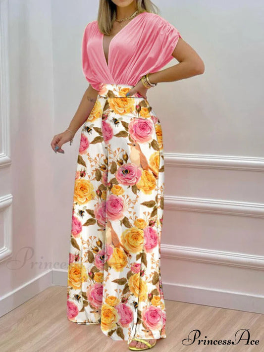 Pant Blouse Warm-Season V Folded Neck Deep Straight High + Blouse Design Waist Set 01 Pink / M