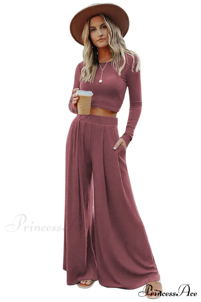 Pants Long in Solid Top and Ribbed Crop Set Color