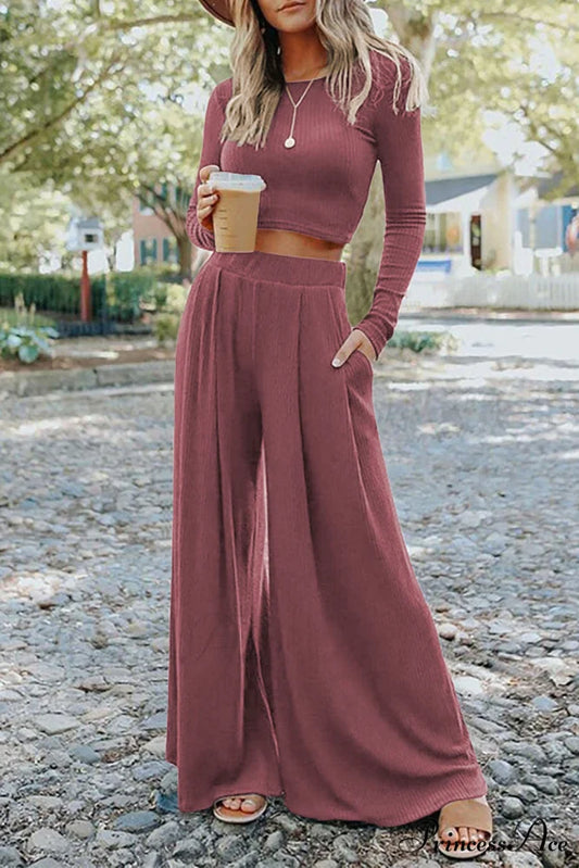 Pants Long in Solid Top and Ribbed Crop Set Color Pink / S / 65% Polyester + 25% Viscose + 10% Elastane