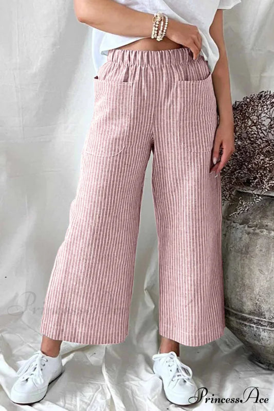 Pants Pocket Trouser Leg with Straight Stripes Pink / S