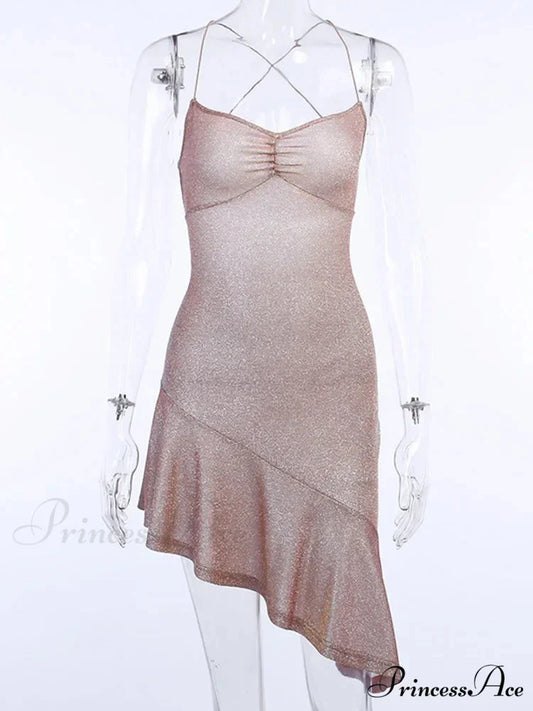 Party Backless Asymmetry Ruffles Hem Spaghetti Strap V-Neck Sleeveless Mini Lace up Bodycon Dress Pink / S