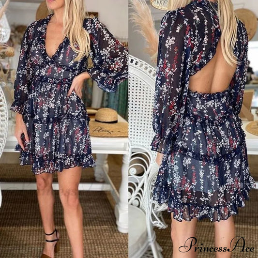 Party Gown Harlow Backless Design V-Neck Mini - Warm-Season Ruffle - Women’s Flowered Dress black / S