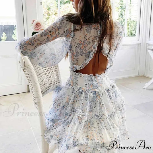 Party Gown Harlow Backless Design V-Neck Mini - Warm-Season Ruffle - Women’s Flowered Dress Turquoise / S