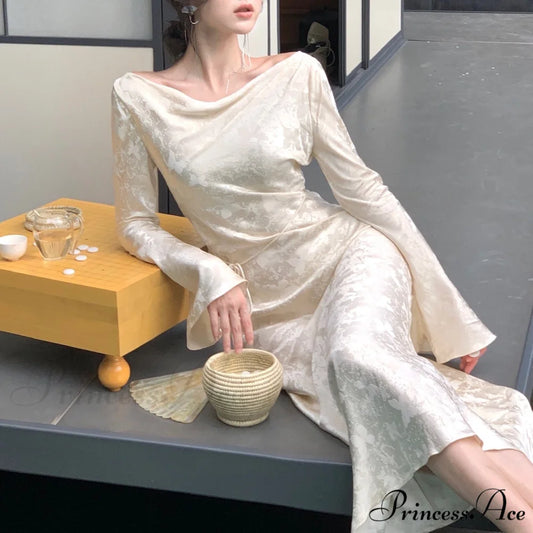 Party Gown Office Chic Formal Elegant Bodycon Evening Arm Lady Vintage Robe Long Clothes beige / XS