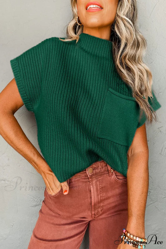 Patch Ribbed Knit Pocket Arm Black Brief Green Sweater Blackish Green / 2XL / 50% Viscose + 28% Polyester + 22%