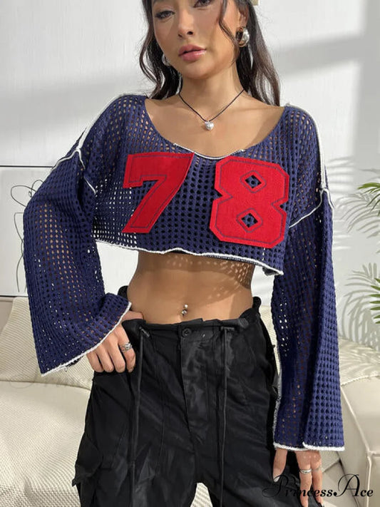 Patches Contrast Knit Cropped Top Navy / S