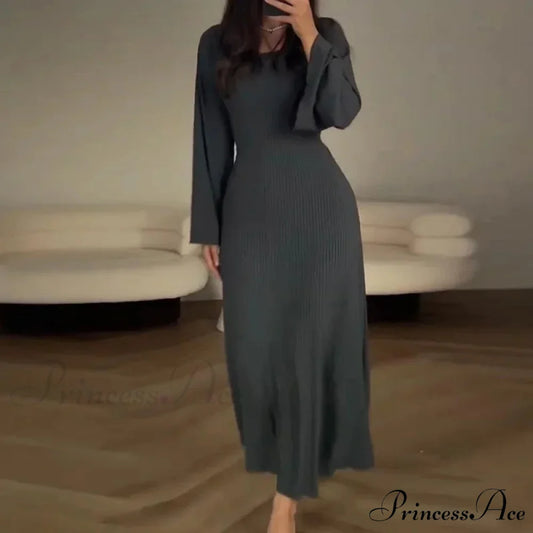 Patchwork Bandaged Round-necked Slim-fitted Long-sleeved Street-ready Ankle-length Maxi Dress Dark Gray / S