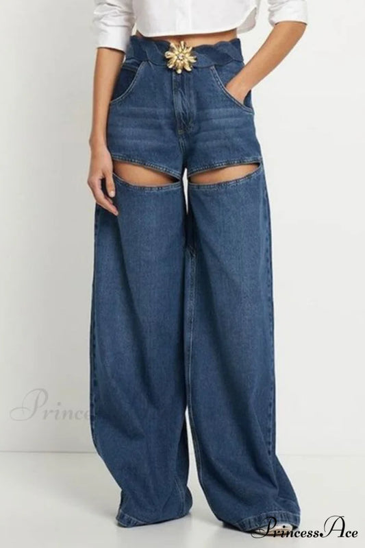 Patchwork Decoration Accessories Waist Denim Metal High Jeans Blue / S