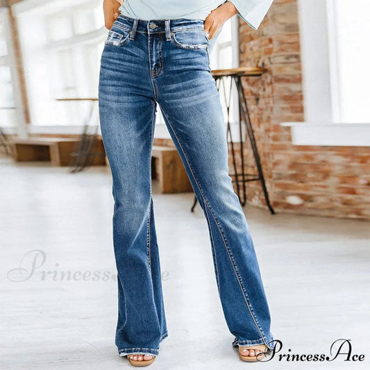 Patchwork Flared Vintage High Stretch Casual High Denim Jean Blue / S
