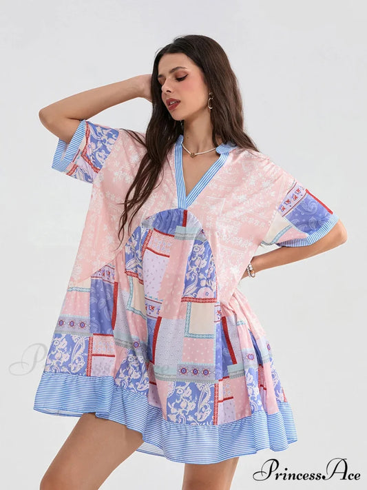 Patchwork Flowy V-neck Loose A-Line Mini Dress Blue / S floraldress-250126