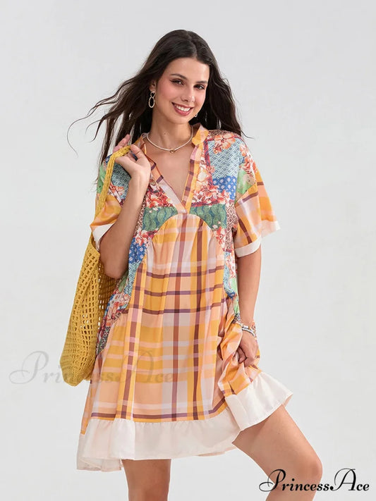 Patchwork Flowy V-neck Loose A-Line Mini Dress floraldress-250126