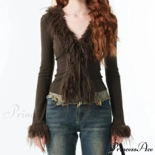 Patchwork Furry V-Neck Cardigan Brown and Green / XS cardigans-241228