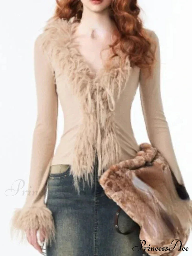 Patchwork Furry V-Neck Cardigan cardigans-241228