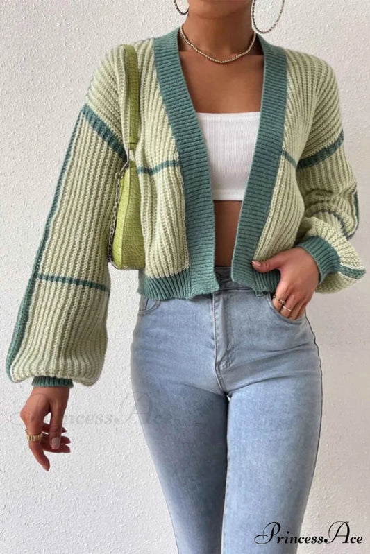 Patchwork Knit Long Sleeve Open-Front Cardigan Green / M