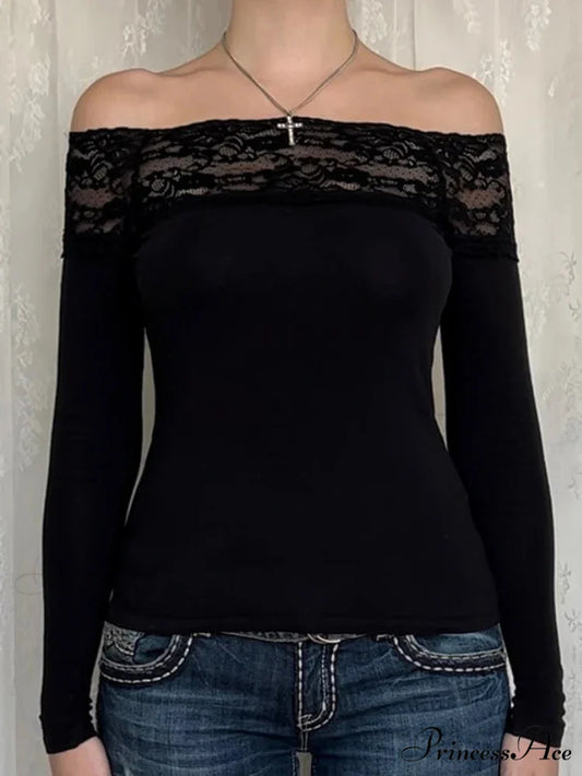 Patchwork Lace Cropped Slim Slash Neck Long Sleeve Knit Top Modified Title: Patchwork Lace Cropped Trim V-neck Long