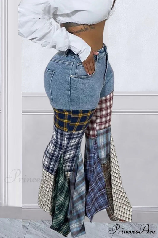 Patchwork Mid-waisted Flares Jeans Light Blue / XL