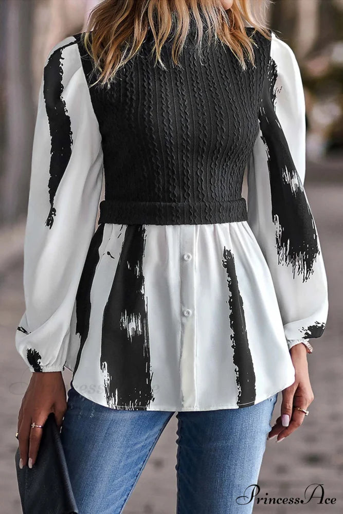 Patchwork Mock Neck Knit Shirt Tops Black / L