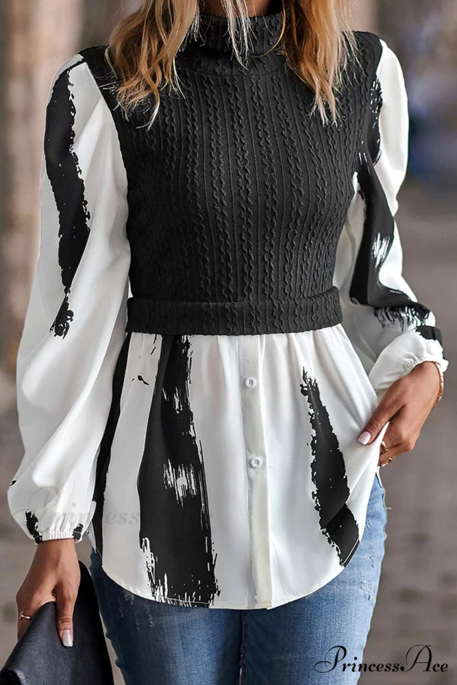 Patchwork Mock Neck Knit Shirt Tops Black / M