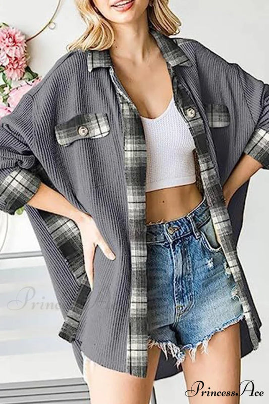 Patchwork Plaid Blouse with Irregular Hem Grey / S