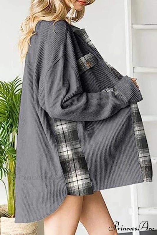 Patchwork Plaid Blouse with Irregular Hem Grey / XL