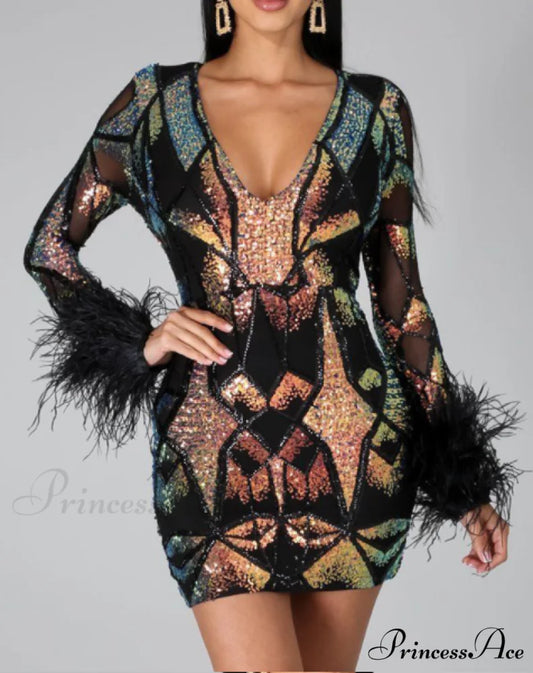 Patchwork Print Skinny Ostrich Feather Sequins Party Dress S / BLACK