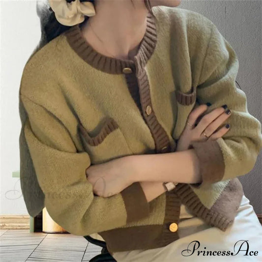 Patchwork Solemn Breasted Knit Prolonged Sleeve Cardigan Green / One size(40kg-60kg) cardiagn-250126