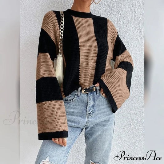 Patchwork Striped Women’s Sweater Khaki / S