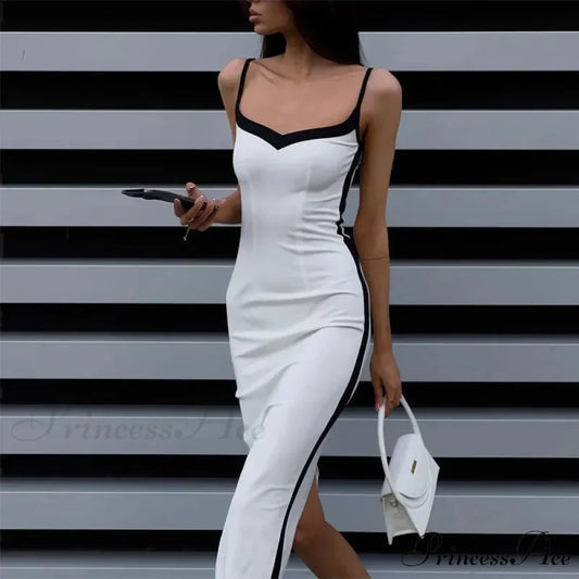 Patchwork V Neck Spaghetti Strap Sleeveless Bodycon Maxi Dress WHITE / S