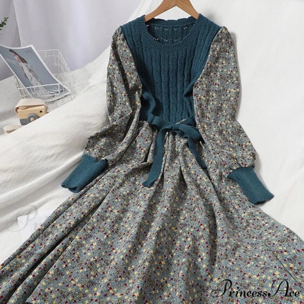 Patchwork Vestidos Sweet Korean Long Dress blue / S