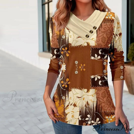 Pattern Flower Retro Top Brown / S