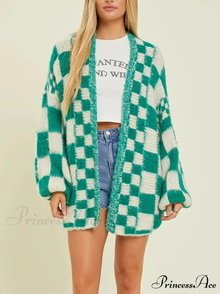 Patterned Baggy Long Sleeve Open Front Cardigan Green / S cardigans-241228
