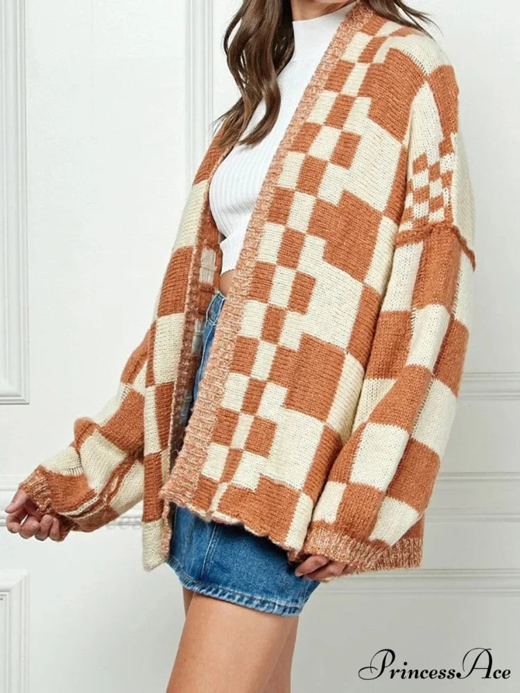 Patterned Baggy Long Sleeve Open Front Cardigan light brown / S cardigans-241228
