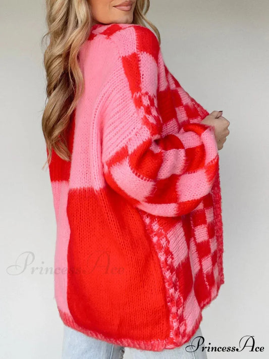 Patterned Baggy Long Sleeve Open Front Cardigan Pink / S cardigans-241228