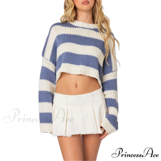 Patterned Crew Neck Baggy Jumper Blue / S swraters-241228