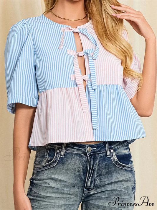 Patterned Fastened Short Sleeve Blouse blouse-250223