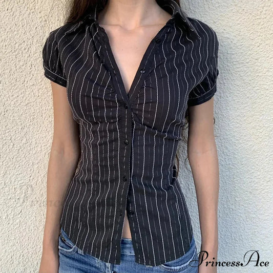 Patterned French Button-Up Fold-down Collar Blouse black / S blouse-250126