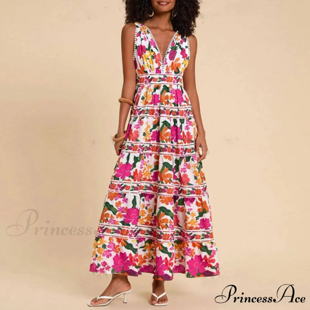 Patterned High Waist Bohemian Beach Dress bohodress-250126