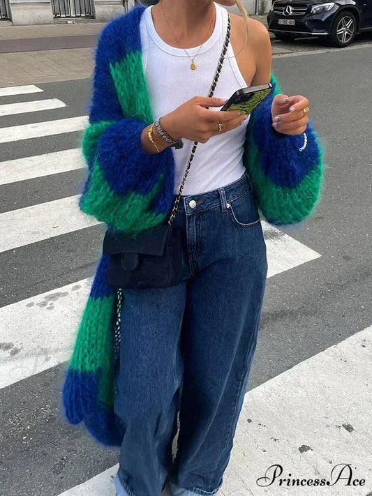 Patterned Lantern Sleeve Generously Sized Cardigan Green / S cardigans-241228