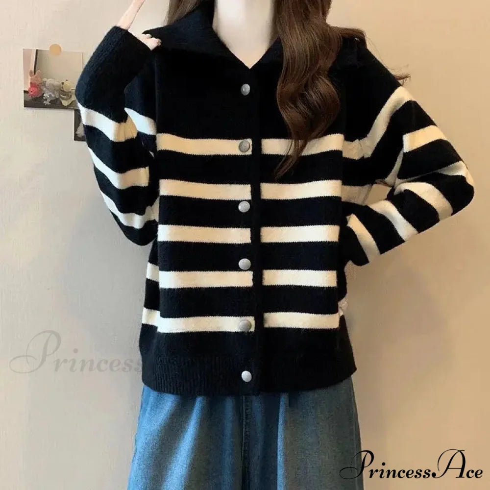 Patterned Polo Neck Slimming Cardigan Black / S cardigans-241228