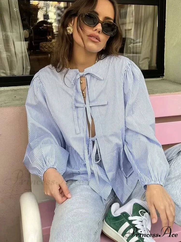 Patterned Puff Sleeve Festive Top BLUE / S blouse-250223