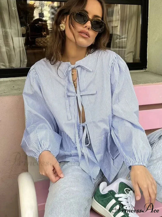 Patterned Puff Sleeve Festive Top BLUE / S blouse-250223